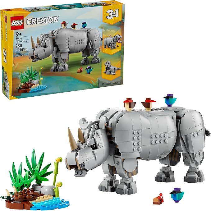 LEGO Creator 3 in 1 Wild Animals: Majestic Rhino - Building Toy for Boys &amp Girls Ages 9+ - Gift for Easter Baskets - Kids Bedroom and Desk Decor - Build Rhino Hippo or Walrus - 31171