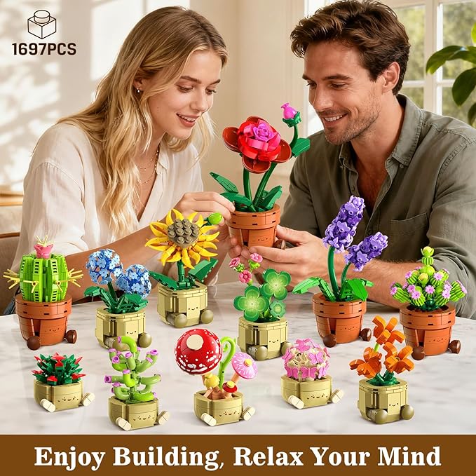 12 Pack Flowers Plants Mini Building Set - 1697PCS Flower Botanical Collection 3.6MM Succulent Building Toy for Home Office Decor Easter Birthday Party Favors Gift for Adults Girls Boys 12+
