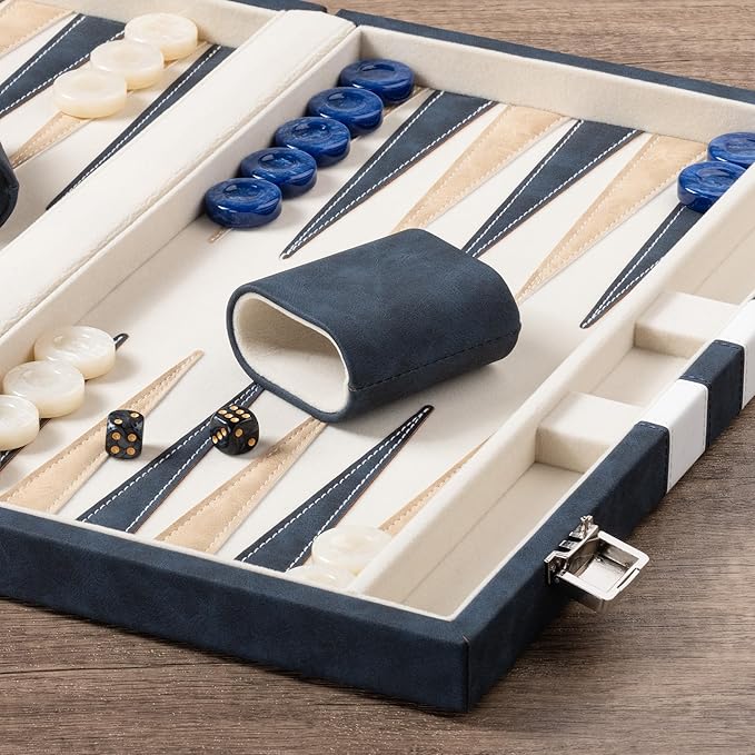 15inch Backgammon Sets for Adults Classic Board Game with Folding Leather Backgammon Case Faux Leather Exterior and Velvet Interior Portable Travel Game Set (Blue)