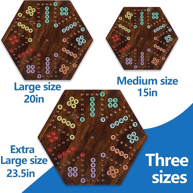 Large Size 20 inches Wood Wahoo Marble Board Game 2 Sided Game 4-6 Player for Friends and Family Party Classic Wahoo Style Strategy Racing Game with 6 Dices30 Marbles (Rustic Brown)