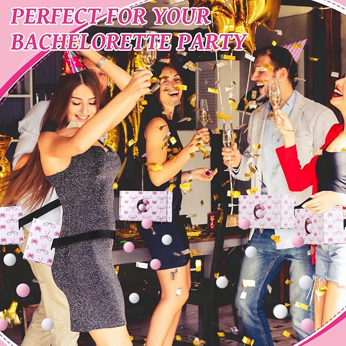 Yaomiao 4 Pack Bachelorette Party Shaking Swing Balls Indoor Party Game Set Includes 4 Set Strap Shake Box and 80 Balls for Birthday Bachelorette Bridal Shower Table Tennis (Pink BowPink White)