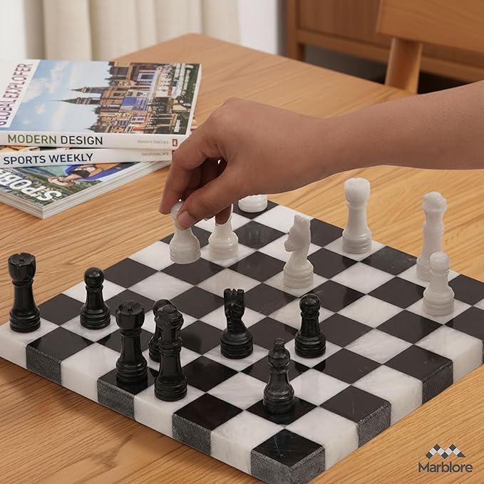 Marble Chess Set 10 Black &amp White Chess Games with 32 Chess Pieces &amp 2 Extra Queens for Beginner Board Games Valentine’s Day Game Nights