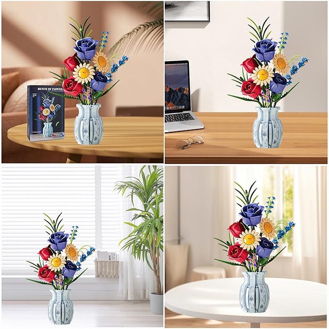 Flower Bouque Building Set with Vase 787 PCS Botanical Collection Building Block Toy Roses Sunflower Artificial Flowers Home Decor Gift for Adults Kids 12+