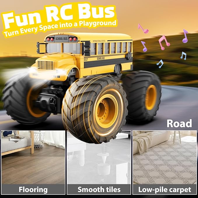 1/18 Remote Control School Bus Toy for Kids 2.4GHz RC Monster Truck Toy with LED Lights &amp Sound Rechargeable Electric Vehicle Gift for Boys Girls