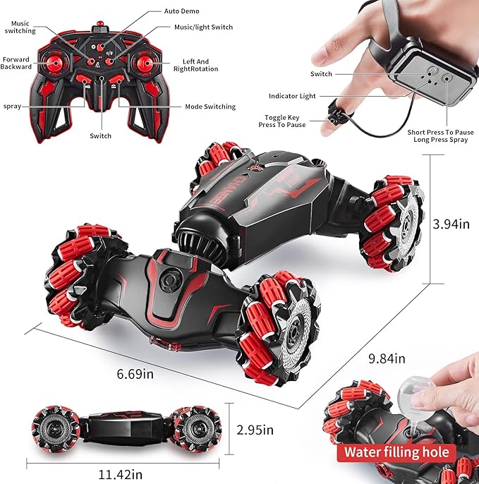 4WD Remote Control Gesture Sensor CarHand Controlled RC Stunt CarDouble-Sided Vehicle 360° Rotation with Light and Music Spray Watch Toy Cars for Boys &amp Girls Birthday