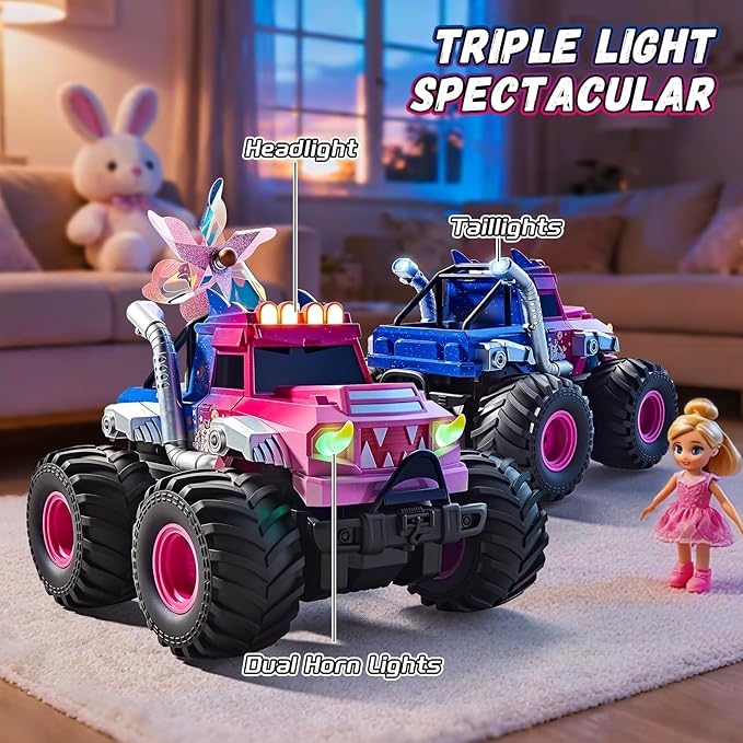 Remote Control Car for Girls Waterproof Pink Monster Truck Toys W/Blocks &amp 360°Spin 1:18 Amphibious RC Cars 4WD All-Terrain Off-Road RC Trucks Birthday Gifts Pool Toys for Kids Age 3-12