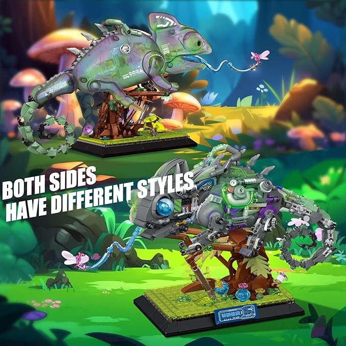Cool Mechanical Chameleon Model Building Set for Adults Neon Body Dinosaur Animals with Light Insect Collection Building Toy Collectible Display Model Ideal Gifts (827 Pcs)
