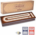 AMEROUS Wooden Cribbage Board Game Set with Magnetic Lock - Metal Pegs - 2 Playing Cards - Continuous 3 Track Board - Larger Storage Area Travel Portable Cribbage Game Sets for Family