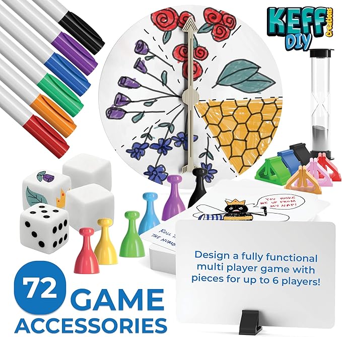 KEFF Make Your Own Board Game Set - DIY Blank Game Board Kit with Game Pieces Blank Cards Dice Spinner Pawns &amp More - Fun Family Board Games for Kids &amp Adults