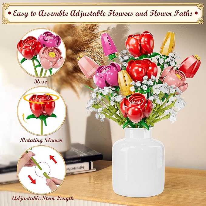 Utbttor Flower Bouquet Building Kit Red Rose &amp Tulips 680 Pcs Building Blocks Set - Valentine's Day Mother's Day Christmas Birthday Gift for Adults Women Her Home Office Decor No Vase