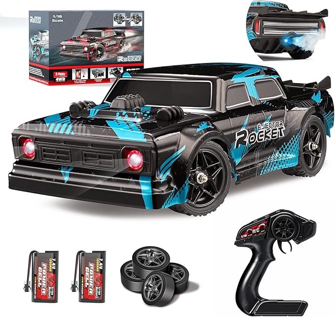 1/16 RC Drift Car 35KM/H 4WD High Speed Remote Control Car with 380 Motor Two Batteries &amp LED Light &amp Spray 2.4 GHz RC Car for Adults and Kids