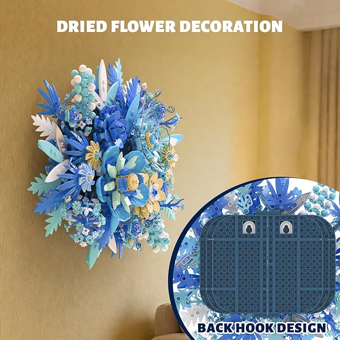 Blue Flowers Bouquet Building Sets Artificial Flower Botanical Collection Home Decor Office Wall Art Plant Decoration Building Toys Gifts for Adults Women and Kids Girls Age 8-12 (917 PCS)