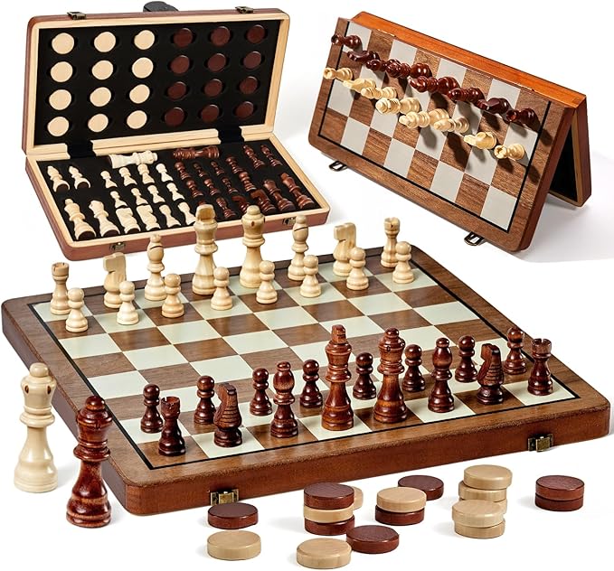 MerryPony 2 in 1 Magnetic Wooden Chess and Checkers Set 15 Foldable Chess set for Adults &amp Kids Chess Board with 2 Extra Queens Travel Chess Set with Pieces Storage Slots Ideal Chess for Begi
