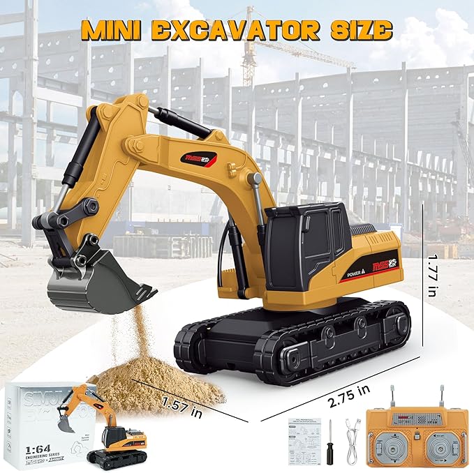 BRRRRT 1/64 Remote Control ExcavatorRemote Control Construction Vehicles with Metal ShovelType-C Direct Charging RC ExcavatorBirthday Gifts for Boys and Girls Age 3+