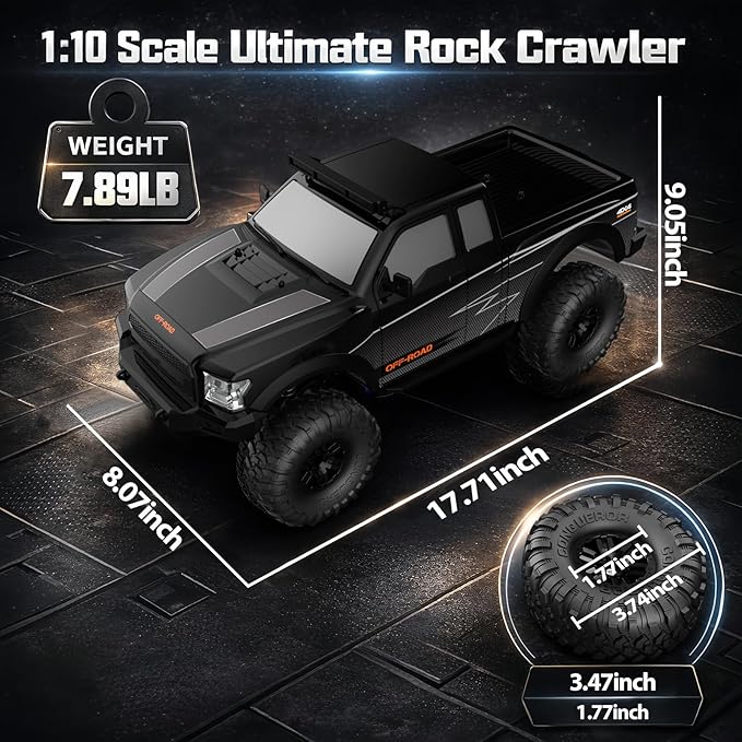 RC Cars RC Crawler 1/10 Scale RTR Remote Control Car 4WD 2.4GHz Brushed Offroad Racing Hobby Grade Model Vehicle with LED Lights 2Pcs Battery Toy for Kids and Adults