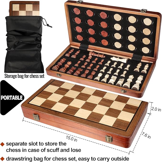 2 in 1 Wooden Chess and Checkers Set - Folding Magnetic Chess Board with Storage Slots Chess Pieces Portable Travel Chess Set for Adults &amp Kids Includes Carry Bag