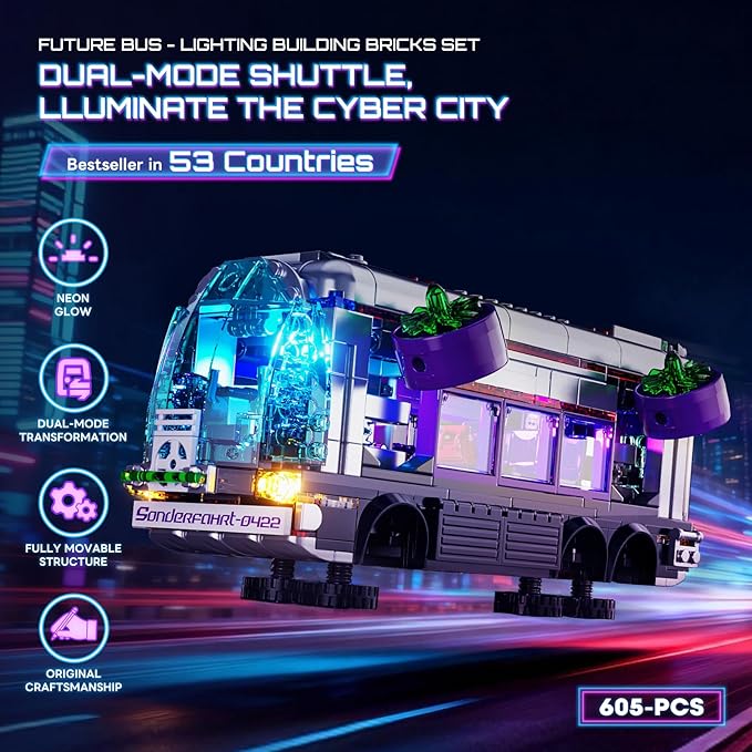 Cyberpunk Future-Bus Lighting-Building-Bricks Set - Cyberpunk City Future Vehicle Collection LED Light 2in1 Car Model Display Set 605 Pcs for Adults and Sci-fi Lovers