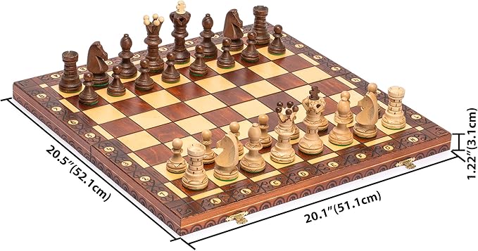 Husaria European International Wooden Chess Game Set Ambassador - 21.7 Inches - Large-Size Chess Set with Handcrafted Chessmen and Felted Folding Board