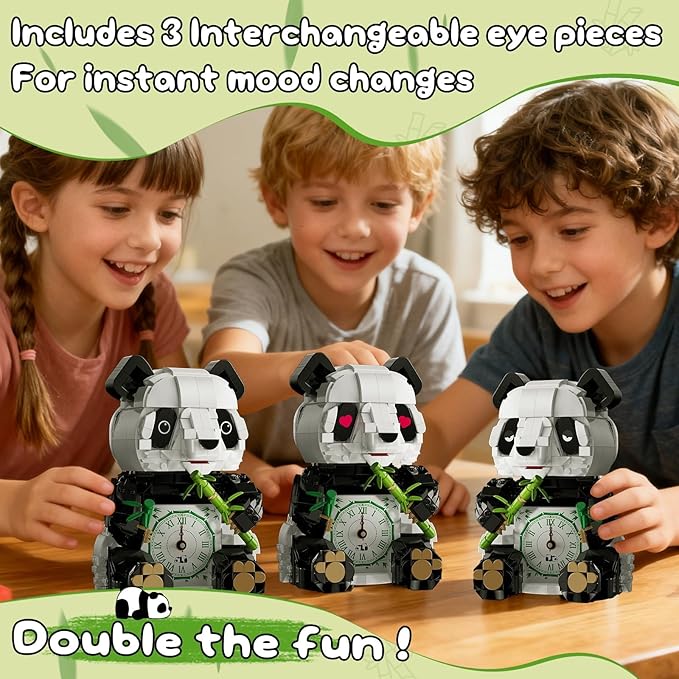 3 in 1 Panda Building Block Set for Kids Age 6+ Cute Animal Brick Alarm Clock Toy with Replace The Eyes Movable Arms and Head Compatible with Lego Creative Home Decor Gift for Adults(853PCS)