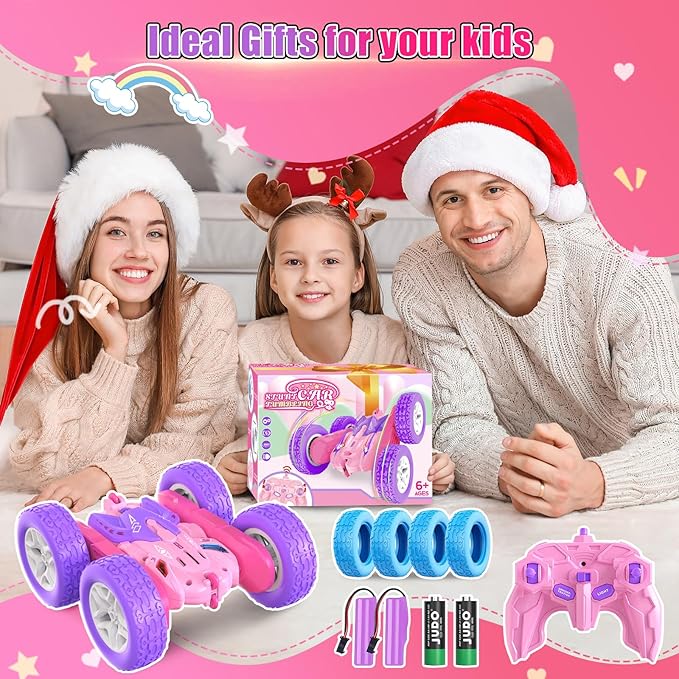 Remote Control Cars for Girls 2.4GHz RC Stunt Car with 360° Flips &amp Double Sided Driving Changeable Wheels LED Headlights Birthday Gift for 5-12 Year Old Girls (Pink)