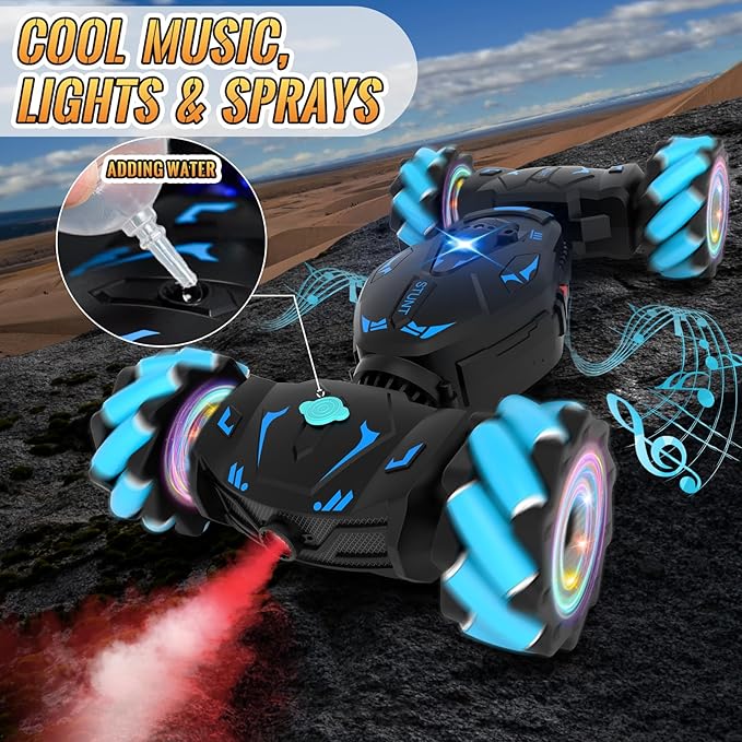 Pristar RC Cars Gesture Sensing Stunt Car Best Gifts for Boys 6-12 2.4Ghz Remote Control Car Toys for Boys Age 6 7 8 9 10 11 12 Double Sided Flip 360° Rotate 4WD Off-Road with Spray Lights Music