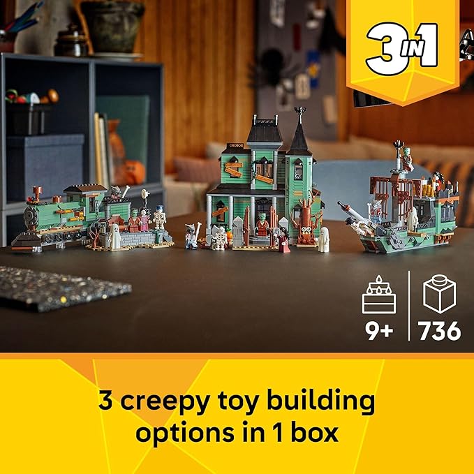 LEGO Creator 3 in 1 Haunted Mansion Building Toy for Kids - Halloween Building Blocks &amp Learning Toy for Girls &amp Boys Ages 9+ - Build a Haunted House Train or Ship - Gift for Birthdays - 31