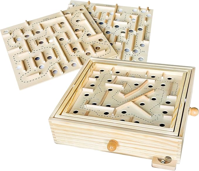 Sterling Games Wooden Labyrinth with 3 Swappable Boards – Classic Maze Game with 60 36 and 25 Waypoints – Wooden Tilt Puzzle with Knob Control and 3 Steel Marbles for Kids Age 6+