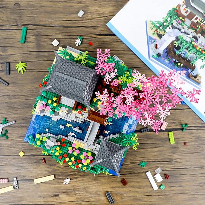 Peach Blossom Pond Micro Mini Building Blocks Set for Adults and Kids Chinese Architecture Cherry Bonsai Gift Toys with String Lights Japanese Flowers Tree House Micro Bricks (3320PCS)