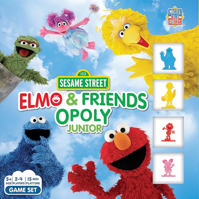 Masterpieces Sesame Street Elmo &amp Friends Opoly Junior Board Game - Sesame Street Monopoly for Kids Ages 5+ Multi-Color 2-4 Players