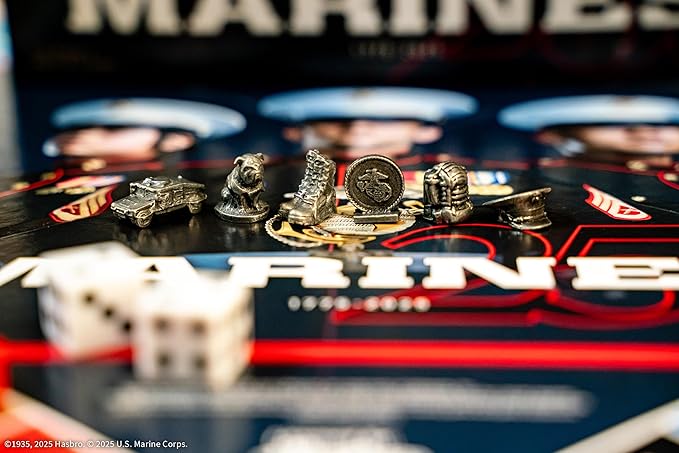 Monopoly: Marines 250th Anniversary Edition Celebrate 250 Years Buy Bases Worldwide and Upgrade with Tents &amp Barracks Play as Tokens: Combat Boots Bulldog &amp More Officially Licensed Merc