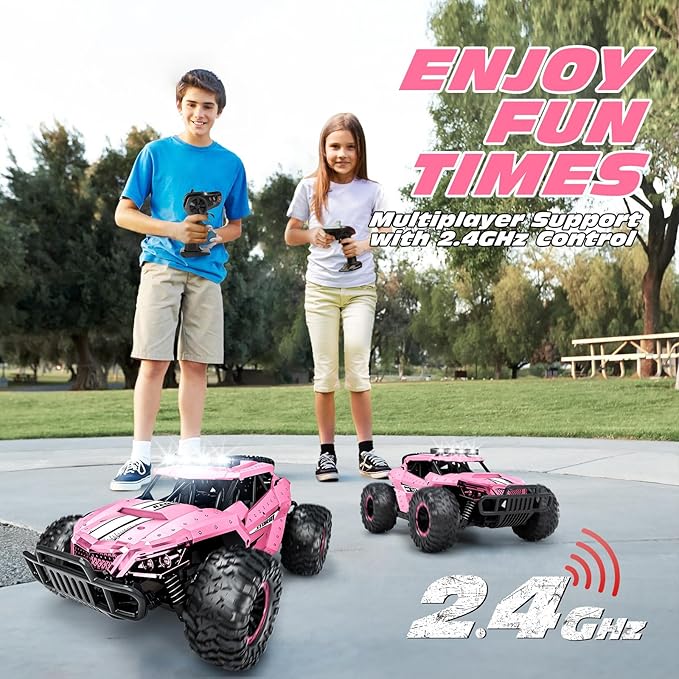 Tecnock Pink RC Car 1/16 Scale Remote Control Car for Girls High Speed 20 Km/h All Terrains Rc Monster Truck with Two Rechargeable Batteries &amp Head Chassis Lights Gift Toy for Kids Adults