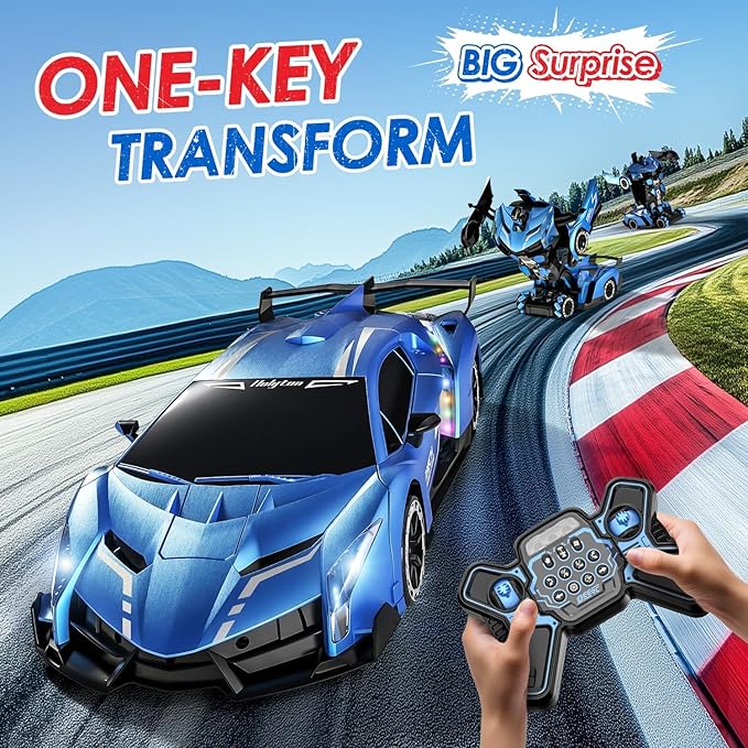 Holyton Big 1:10 Scale Transform RC Car &amp Robot – One-Button Transformation Gesture Sensing LED Lights Music &amp Fog Spray 2 Batteries 80 Mins Play Birthday Gift for Boys Girls Ages 3-12