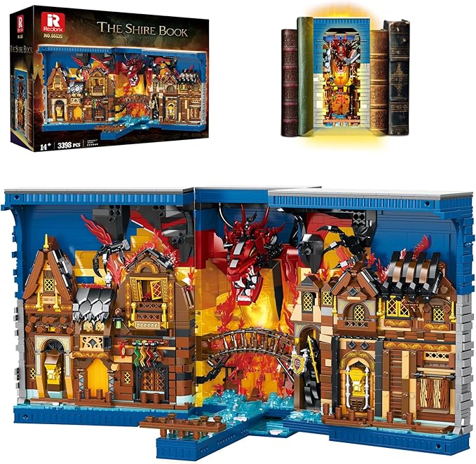 Reobrix Shire Booknook Building Set with Light H.obbit-Themed DIY Bookend Building Block Kit for Adults Medieval Dragon Book Nook 3398PCS Bookshelf Home Decor for Age 14+