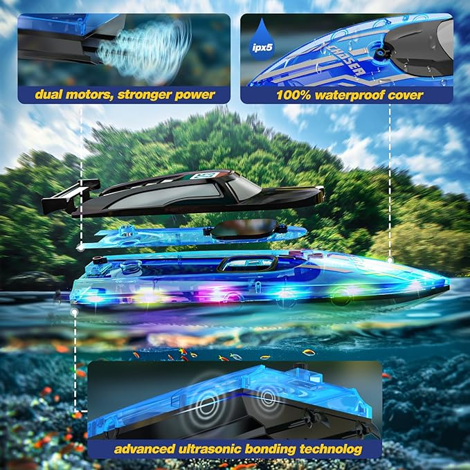 RC Boat for Kids with LED Lights 2.4Ghz Remote Control Racing Boats for Ages 8-12Toy Water Boat for Pools &amp Lakes with WaterproofRechargeable Battery for Boys Girls Blue