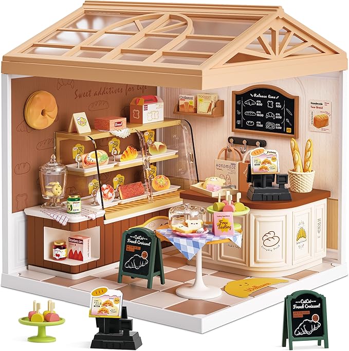 Miniature Bakery Dollhouse Kit - Sunny Pastry Shop DIY Room with Glass Door &amp Protective Roof &amp LED Lights - Creative Building Toy for Adults Teens and Kids - Unique Gift Idea