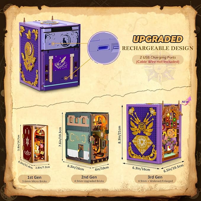 Upgraded Mystic Divination Book Nook Building Set with Rechargeable Lights 1447 PCS DIY Magic Booknook Building Block Kit Home Decor Miniature Book House Model Gift for Adults Boys Girls 12+