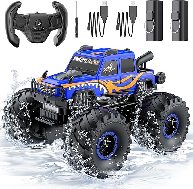 WayEee Remote Control Car Toys for Kids 6+ RC Car Waterproof Monster Truck Toys Amphibious 4X4 Pickup All Terrain Off-Road Vehicles 2.4GHz Remote Control 1/18 Scale RC Truck Boys Gifts/Blue