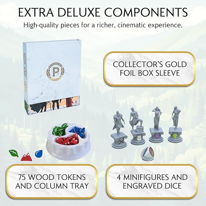Pantheum: Deluxe Edition | Family Strategy Board Game for Greek Mythology Fans | 1–4 Players | Ages 12+ | 45–60 Min Playtime | Includes Gold Foil Sleeve Minifigures Engraved Dice and Wooden Tokens