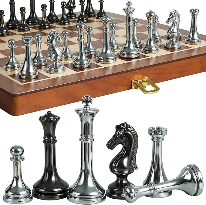 Metal Chess Set for Adults and Kids - 12 Inch Wooden Folding Chess Board and Metal Pieces Travel Portable Chess Set - Extra Queens &amp 2.5 King Ideal Gift for Chess Enthusiasts &amp Beginner