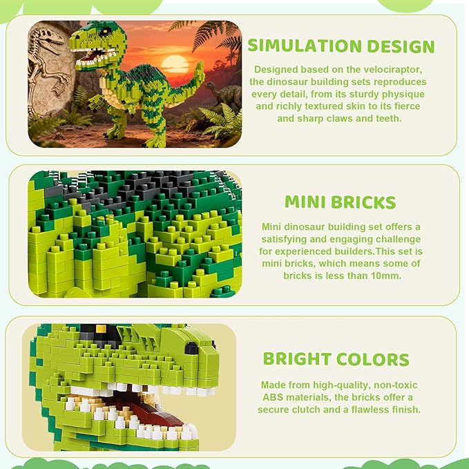 Jurassic Dinosaur Building Blocks Set Dinosaur Velociraptor Micro Mini Blocks Building Toys Dinosaur Model Decor Ideas Birthday Gifts for 8 9 10 11 12 13 14+ Year Old Boys Teens Adults