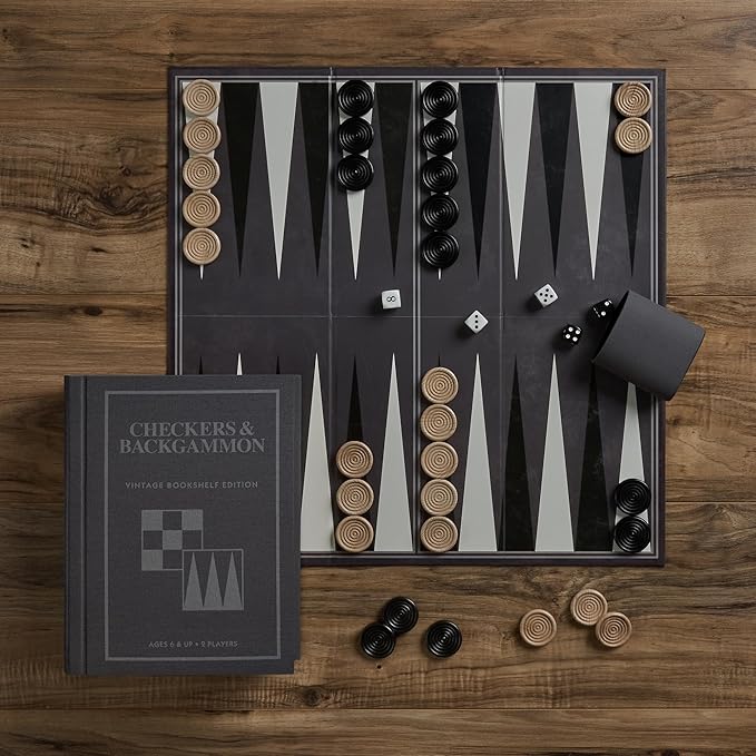 Checkers and Backgammon Vintage Bookshelf Edition by WS Game Company Linen Wrapped Book Box &amp Slipcase - Reversible Board Wooden Pieces - Checkers and Backgammon Sets for Adults &amp Kids Ages