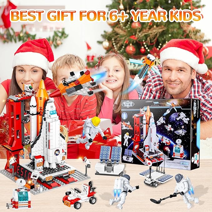 Space Exploration Shuttle Toys 12-in-1 STEM Aerospace Building Kit Toy Rocket Building Kit Toy with Launcher Astronauts Airplane Rocket Gift for 6 7 8 9 10 11 12+ Years Old 855 Pcs