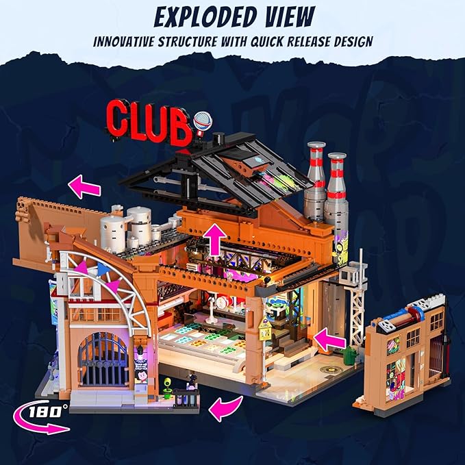 FUNWHOLE Factory House of Music Lighting Building Bricks Set - Street Fusion Music Club City Town Fully Accessible Multi-Form Modular Collection Kit 2654 Pcs for Adults &amp Teens &amp Street Cultur