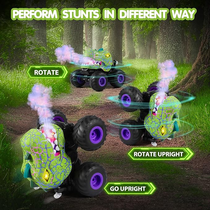 DYODYORC Remote Control Car 2.4Ghz All Terrain Dinosaur Monster Truck Toys RC Truck with Spay Music 3 Lighting Effects Stunt Capable Toy Gifts for Boys and Girls (Green Purple)