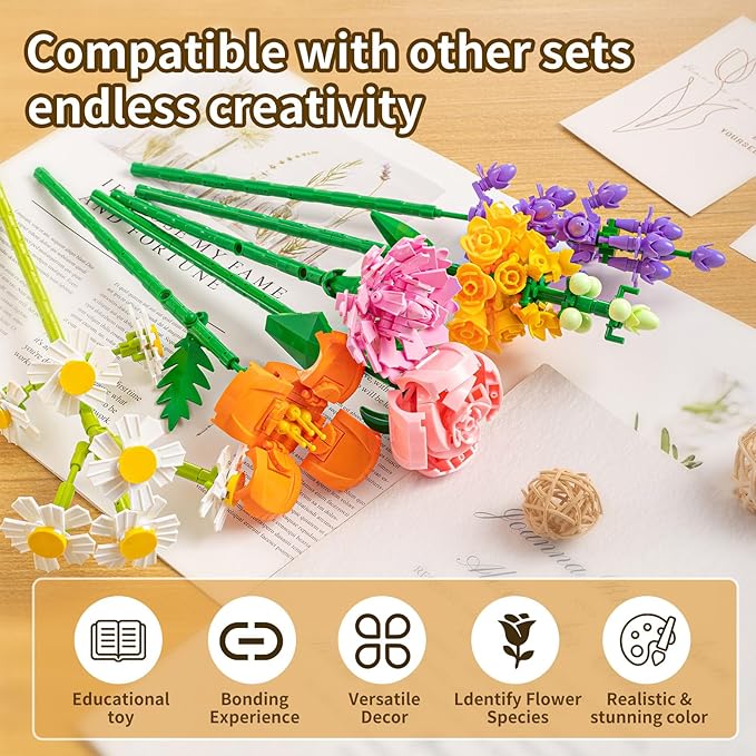 Flower Bouquet Building Blocks Set - Artificial Flowers with Roses for Home Decor Unique Gift for Her or Him for Mother's Day Birthday Gift DIY Mini Micro Bricks Kits with Vase