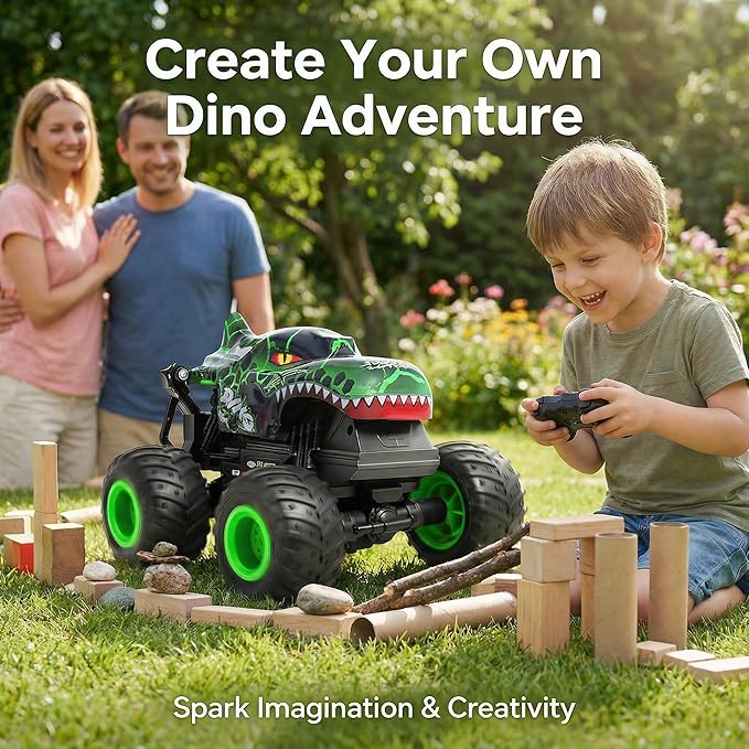 Remote Control Dinosaur Car for Boys 8-12 Sturdy 1:20 Scale RC Monster Truck with LED Lights &amp Roaring Sound 2.4GHz All Terrain Off Road Toy Vehicle Birthday Easter Gifts for Kids 8-12(Green)