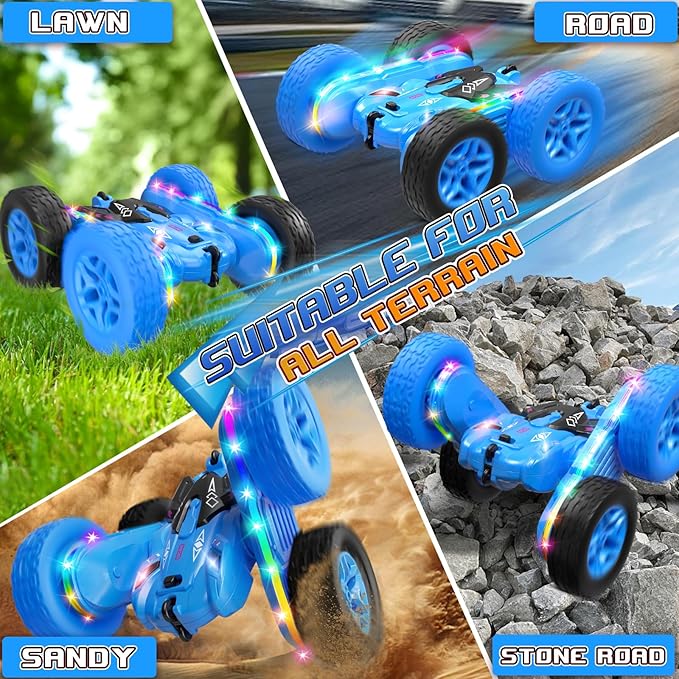 Remote Control CarRC Cars with Sides Light Strip and HeadlightsDouble Sided 360 Flips Rotating RC Stunt Car2.4Ghz All Terrain Toys for Ages 4-8 Kids Toy for Boys Birthday Gift(Blue)