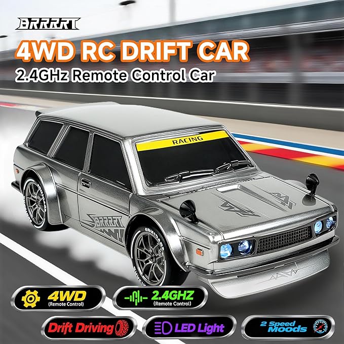 BRRRRT 4WD High Speed RC Drift Car1:24 Remote Control Car20KM/H Mini RC Drift Car with LED LightsAdjustable High Speed/Low Speed Drift CarExtra Drifting TiresBirthday Gifts for Kids Gift 6+