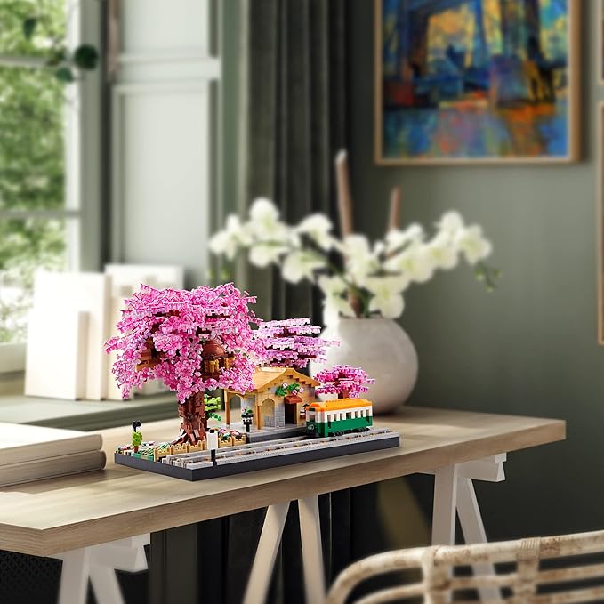 Japanese Cherry Blossom Tree Flower House Micro Building Blocks Set for Adults Bus Station Mini Bricks Model Treehouse Decorative Architectural