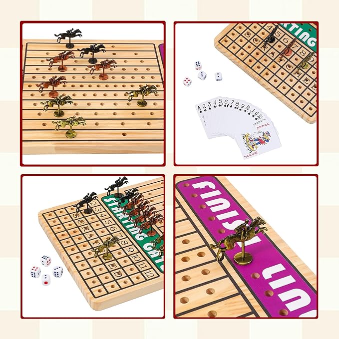 21 in Horse Race Board Game Racing Game Thickened Solid Wood with 11 Metal Horses 2 Cards &amp 4 Dice Horse Racing Game for 2-6 Players